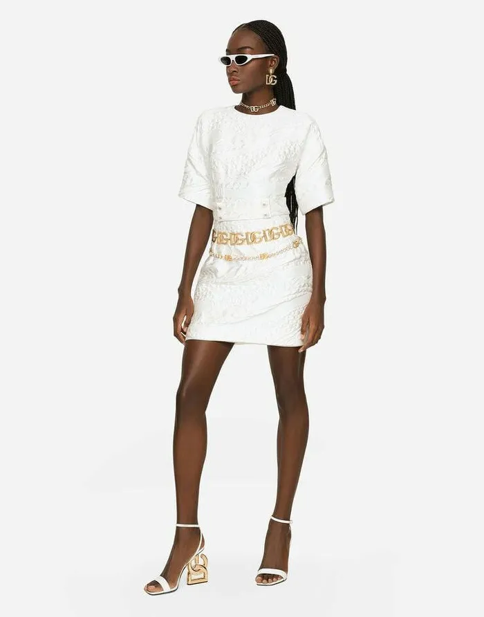 Dolce and Gabbana Dresses Women Short Brocade Dress With Belt White Dolce and Gabbana Dresses Women Short Brocade Dress With Belt White