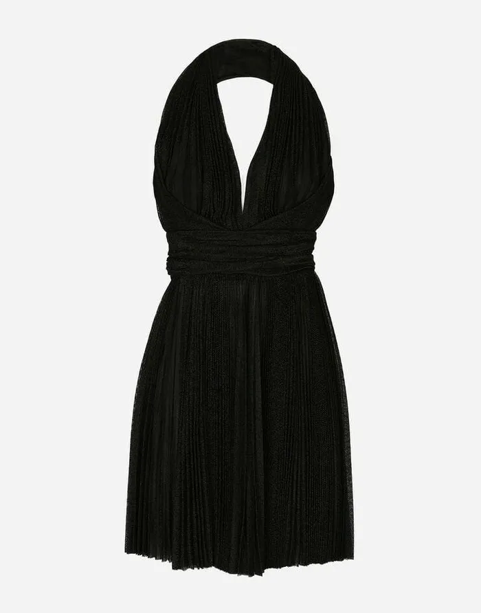 Dolce and Gabbana Dresses Women Short Pleated Lurex Mesh Dress Black