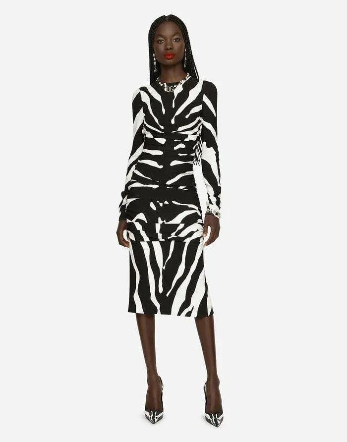 Dolce and Gabbana Dresses Women Zebraprint Cady Midi Dress With Draping Multicolor Dolce and Gabbana Dresses Women Zebraprint Cady Midi Dress With Draping Multicolor