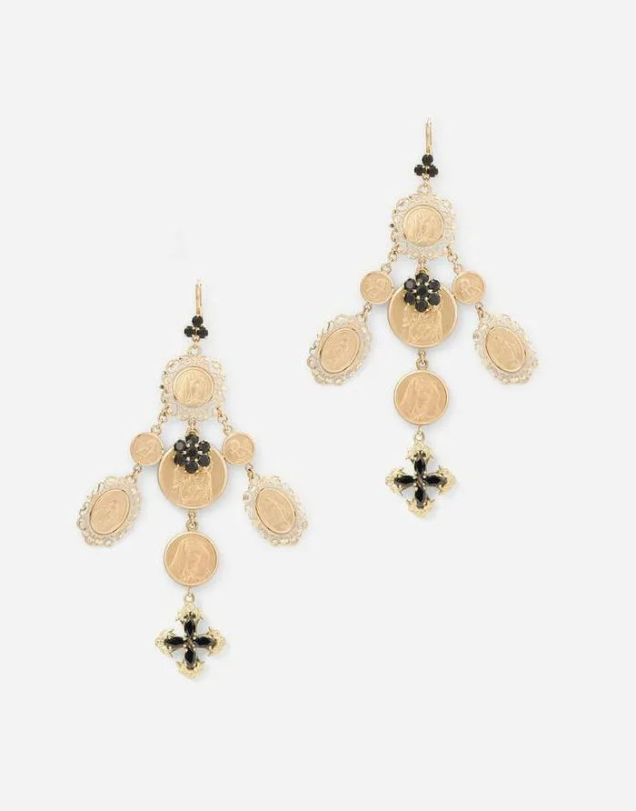 Dolce and Gabbana Earrings Women Yellow Gold Sicily Earrings With Medals And Cross Pendants Gold Dolce and Gabbana Earrings Women Yellow Gold Sicily Earrings With Medals And Cross Pendants Gold