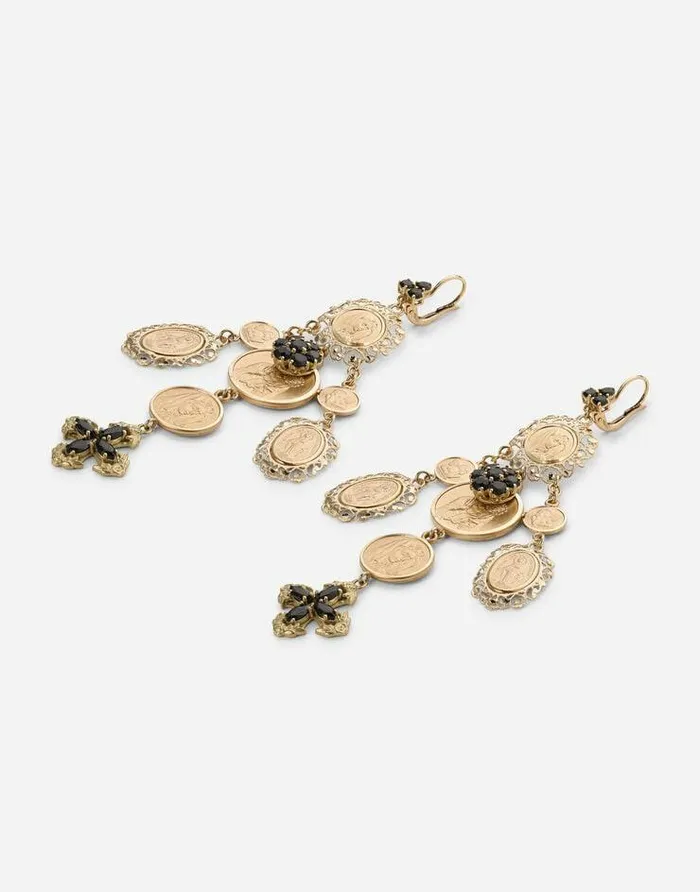 Dolce and Gabbana Earrings Women Yellow Gold Sicily Earrings With Medals And Cross Pendants Gold Dolce and Gabbana Earrings Women Yellow Gold Sicily Earrings With Medals And Cross Pendants Gold