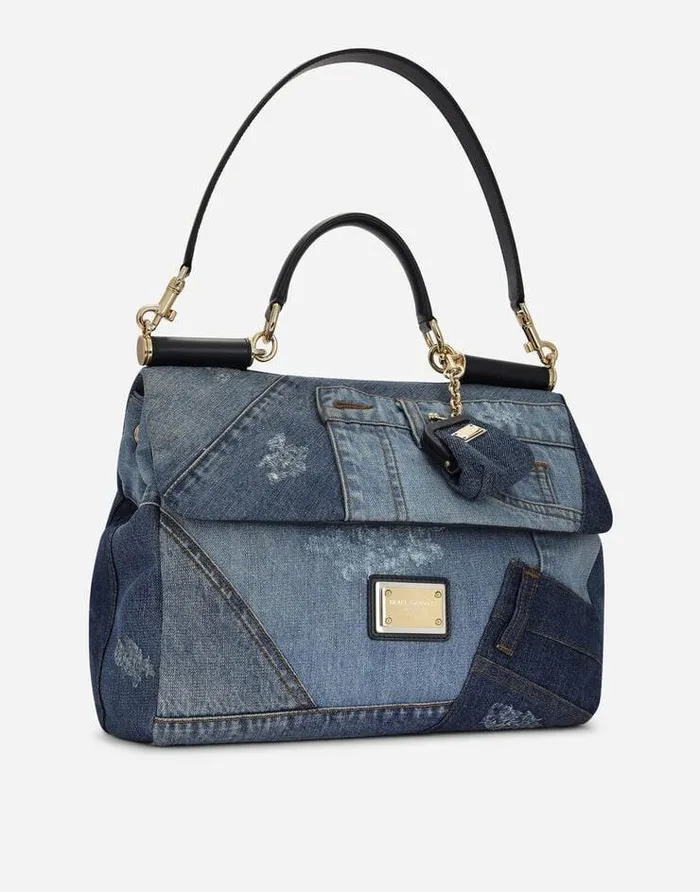 Dolce and Gabbana Handbags Women Large Patchwork Denim Sicily Soft Bag Denim
