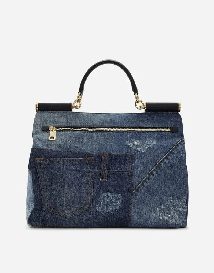 Dolce and Gabbana Handbags Women Large Patchwork Denim Sicily Soft Bag Denim