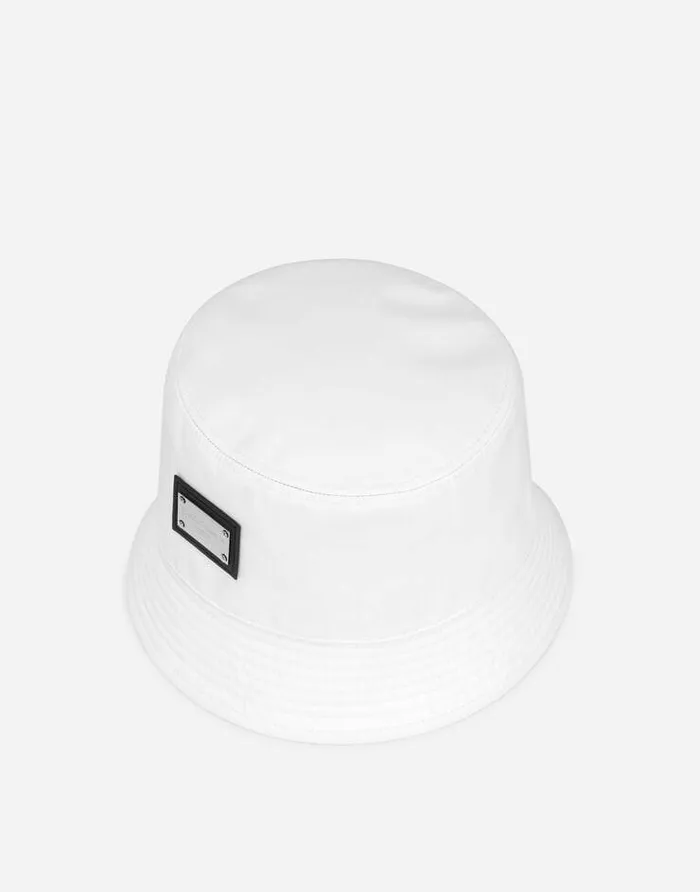 Dolce and Gabbana Hats And Gloves Men Nylon Bucket Hat With Branded Plate White
