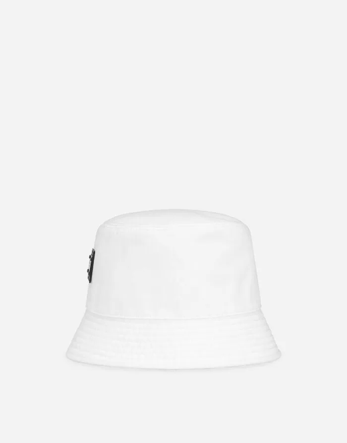 Dolce and Gabbana Hats And Gloves Men Nylon Bucket Hat With Branded Plate White