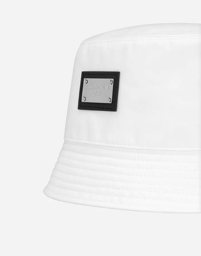 Dolce and Gabbana Hats And Gloves Men Nylon Bucket Hat With Branded Plate White
