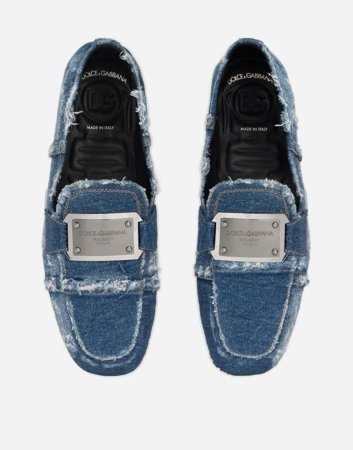 Dolce and Gabbana Loafers And Moccasins Men Patchwork Denim Loafers With Logo Tag Blue Dolce and Gabbana Loafers And Moccasins Men Patchwork Denim Loafers With Logo Tag Blue