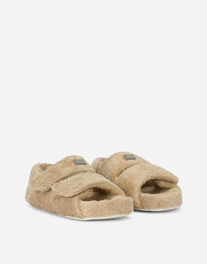 Dolce and Gabbana Sandals And Slides Men Terrycloth Sandals With Logo Tag Beige Dolce and Gabbana Sandals And Slides Men Terrycloth Sandals With Logo Tag Beige
