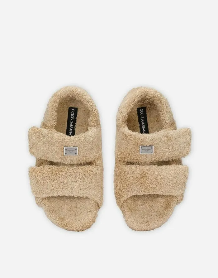 Dolce and Gabbana Sandals And Slides Men Terrycloth Sandals With Logo Tag Beige Dolce and Gabbana Sandals And Slides Men Terrycloth Sandals With Logo Tag Beige