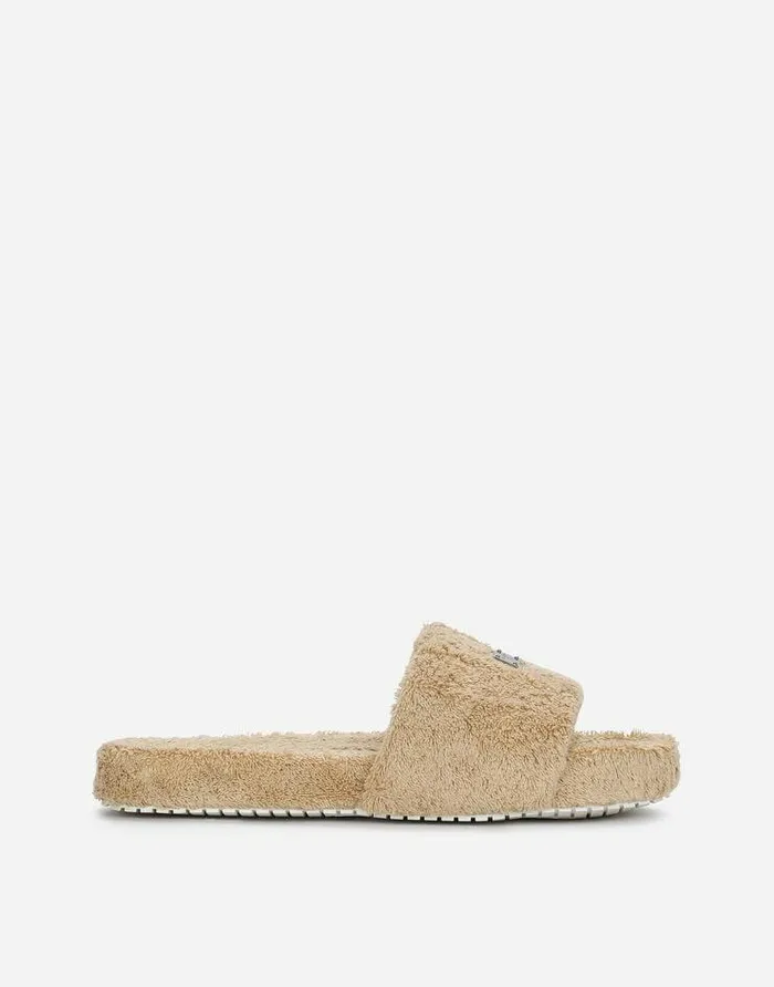 Dolce and Gabbana Sandals And Slides Men Terrycloth Sliders With Logo Tag Beige