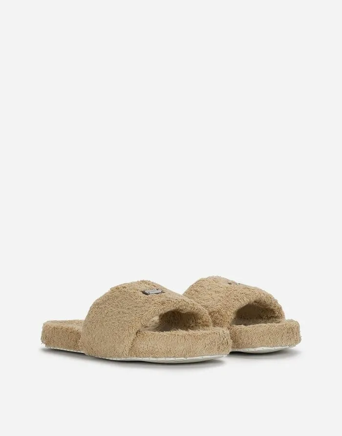 Dolce and Gabbana Sandals And Slides Men Terrycloth Sliders With Logo Tag Beige Dolce and Gabbana Sandals And Slides Men Terrycloth Sliders With Logo Tag Beige