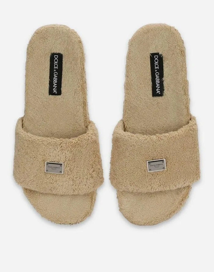 Dolce and Gabbana Sandals And Slides Men Terrycloth Sliders With Logo Tag Beige Dolce and Gabbana Sandals And Slides Men Terrycloth Sliders With Logo Tag Beige