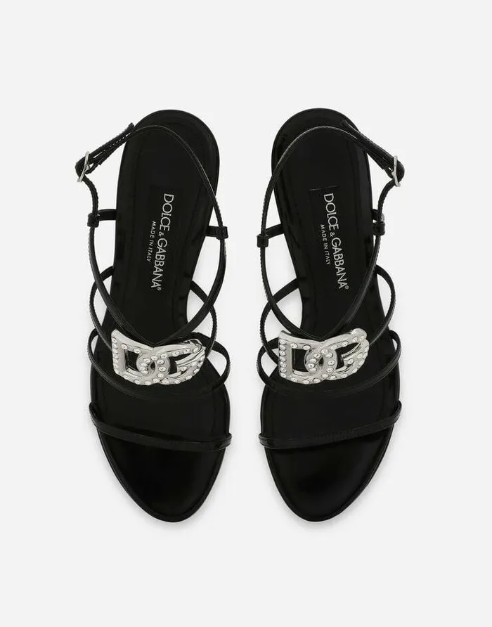 Dolce and Gabbana Sandals And Wedges Women Polished Calfskin Sandals With Rhinestoneadorned DG Detail Black Dolce and Gabbana Sandals And Wedges Women Polished Calfskin Sandals With Rhinestoneadorned DG Detail Black