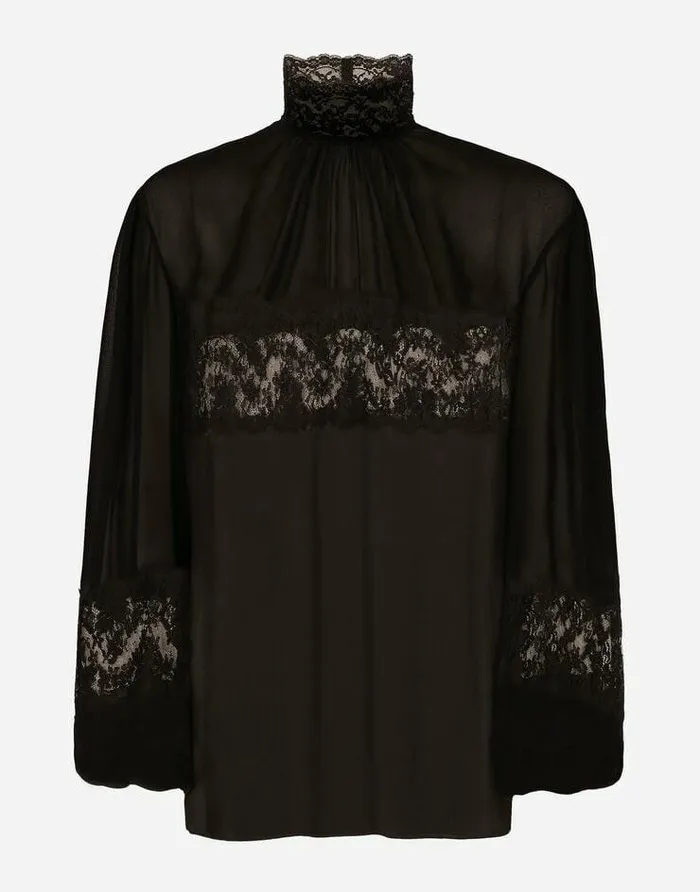 Dolce and Gabbana Shirts And Tops Women Georgette And Lace Turtleneck Blouse Black Dolce and Gabbana Shirts And Tops Women Georgette And Lace Turtleneck Blouse Black