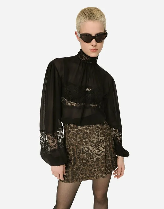 Dolce and Gabbana Shirts And Tops Women Georgette And Lace Turtleneck Blouse Black Dolce and Gabbana Shirts And Tops Women Georgette And Lace Turtleneck Blouse Black