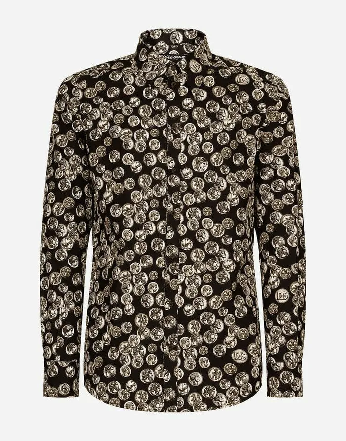 Dolce and Gabbana Shirts Men Coin Print Martinifit Poplin Shirt Black