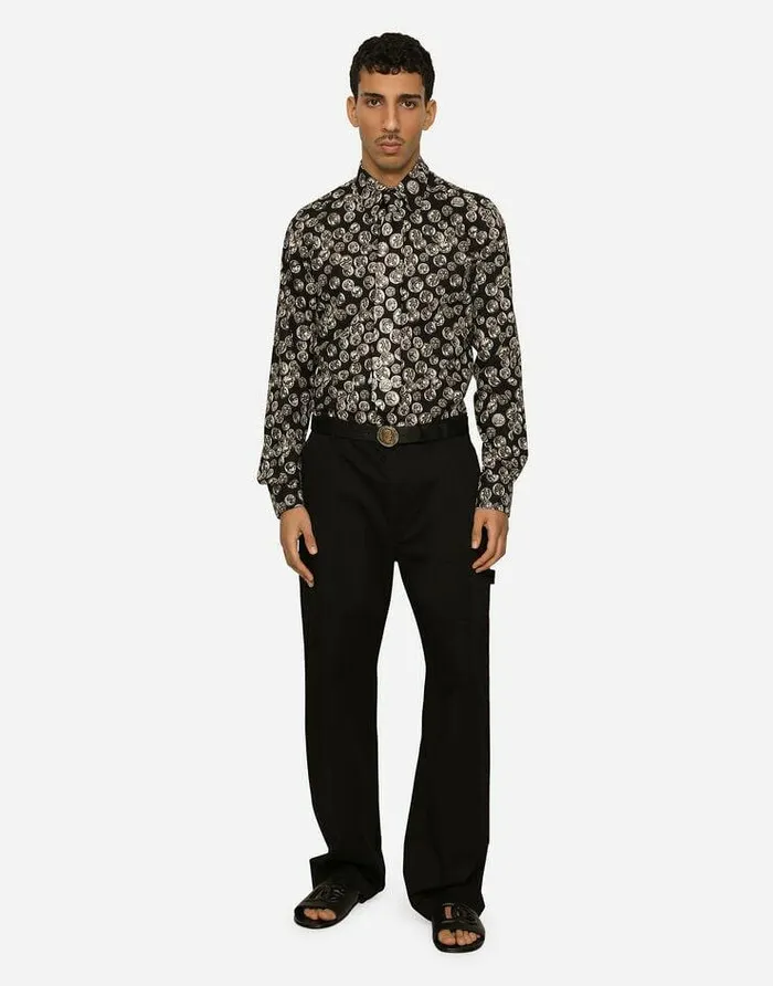 Dolce and Gabbana Shirts Men Coin Print Martinifit Poplin Shirt Black Dolce and Gabbana Shirts Men Coin Print Martinifit Poplin Shirt Black