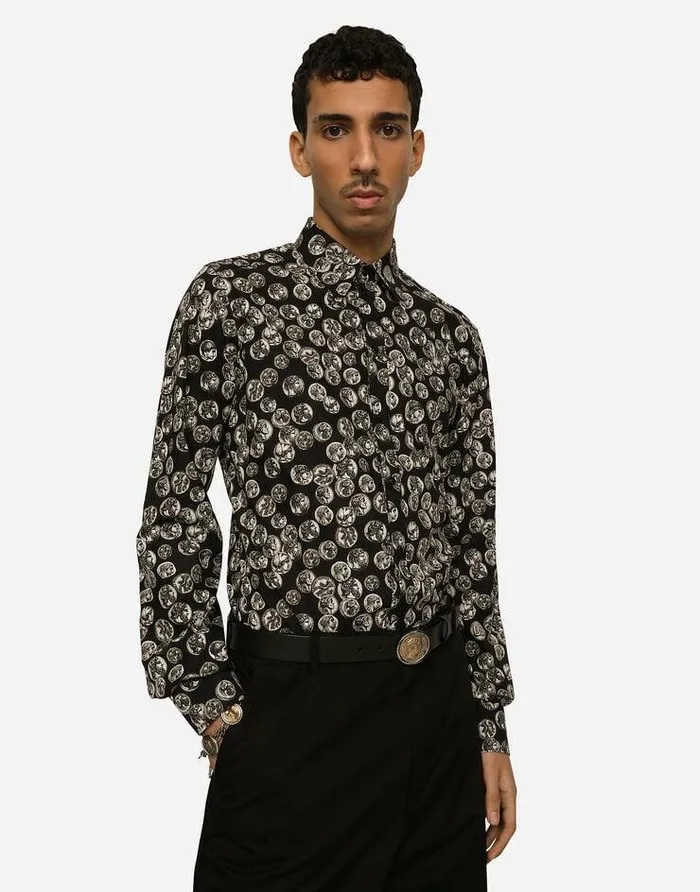Dolce and Gabbana Shirts Men Coin Print Martinifit Poplin Shirt Black Dolce and Gabbana Shirts Men Coin Print Martinifit Poplin Shirt Black