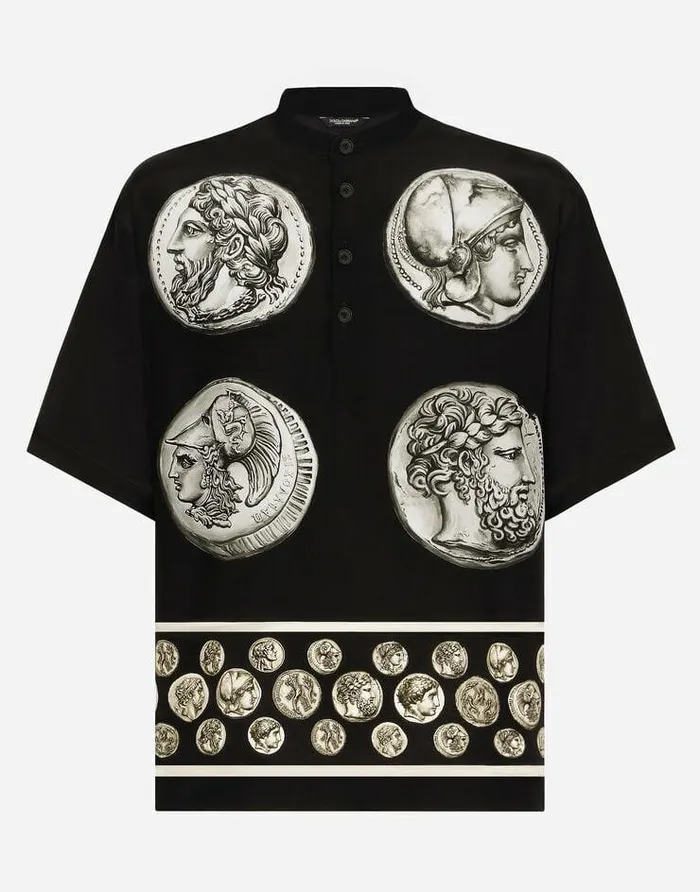 Dolce and Gabbana Shirts Men Coin Print Serafino Crpe De Chine Tshirt Black