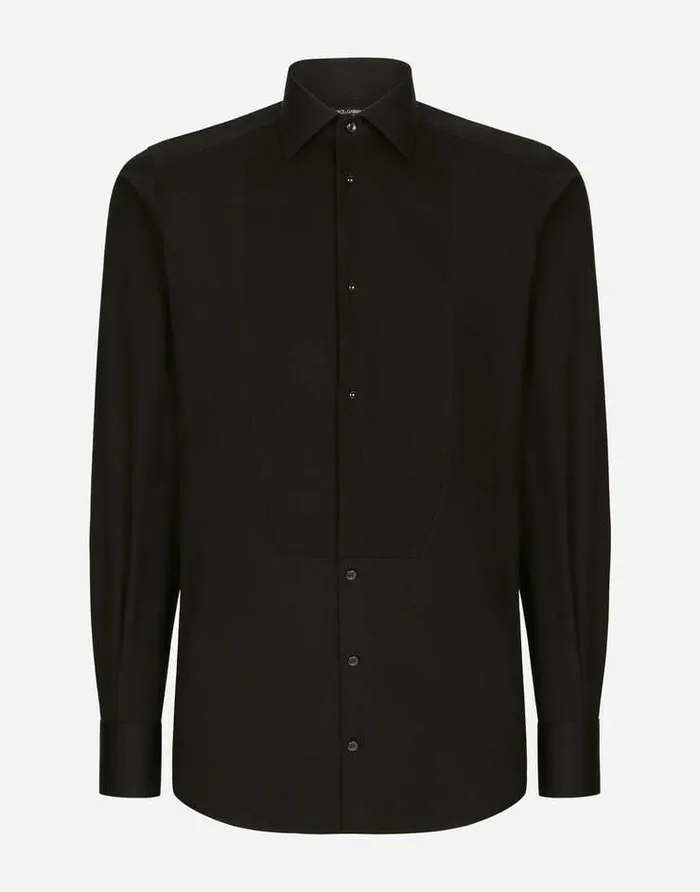 Dolce and Gabbana Shirts Men Cotton Poplin Goldfit Tuxedo Shirt Black