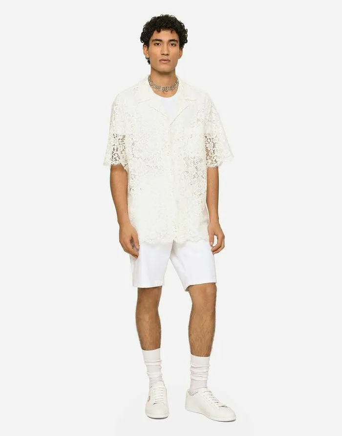 Dolce and Gabbana Shirts Men Lace Hawaiian Shirt White Dolce and Gabbana Shirts Men Lace Hawaiian Shirt White