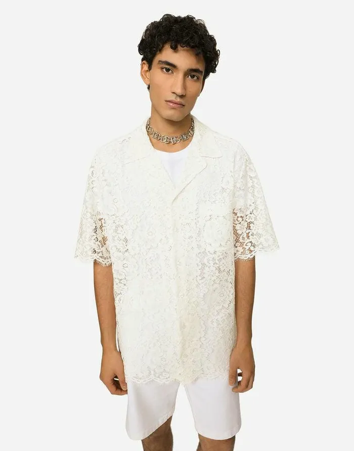 Dolce and Gabbana Shirts Men Lace Hawaiian Shirt White Dolce and Gabbana Shirts Men Lace Hawaiian Shirt White