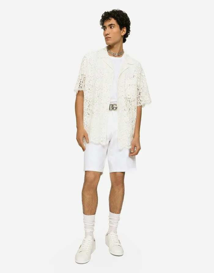 Dolce and Gabbana Shirts Men Lace Hawaiian Shirt White Dolce and Gabbana Shirts Men Lace Hawaiian Shirt White
