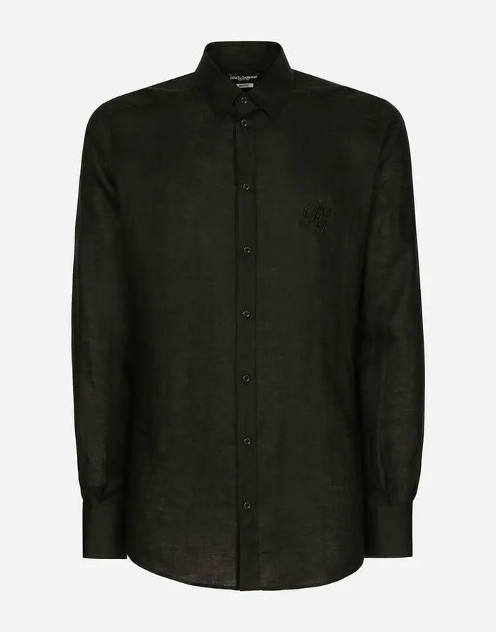 Dolce and Gabbana Shirts Men Linen Martinifit Shirt With DG Embroidery Black