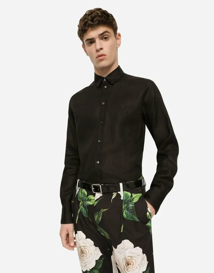 Dolce and Gabbana Shirts Men Linen Martinifit Shirt With DG Embroidery Black Dolce and Gabbana Shirts Men Linen Martinifit Shirt With DG Embroidery Black