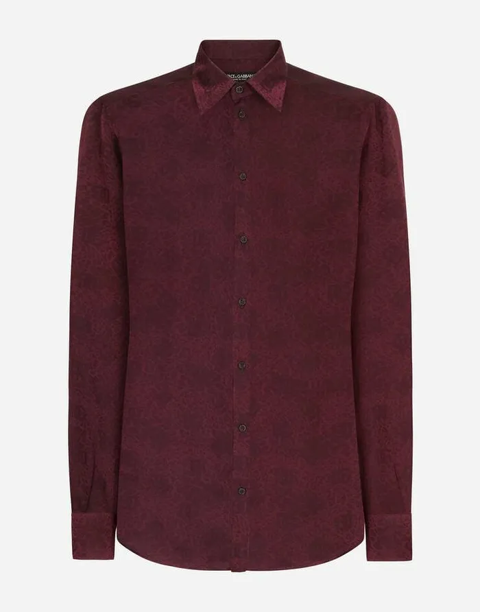 Dolce and Gabbana Shirts Men Silk Jacquard Martinifit Shirt With DG Logo And Ocelot Purple Dolce and Gabbana Shirts Men Silk Jacquard Martinifit Shirt With DG Logo And Ocelot Purple
