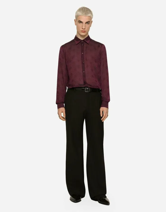 Dolce and Gabbana Shirts Men Silk Jacquard Martinifit Shirt With DG Logo And Ocelot Purple Dolce and Gabbana Shirts Men Silk Jacquard Martinifit Shirt With DG Logo And Ocelot Purple