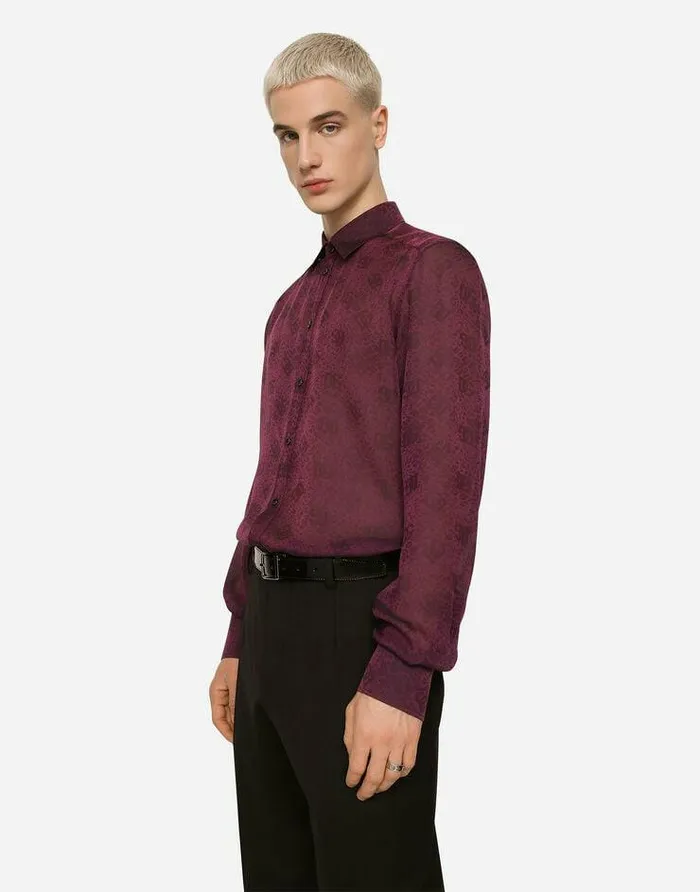 Dolce and Gabbana Shirts Men Silk Jacquard Martinifit Shirt With DG Logo And Ocelot Purple Dolce and Gabbana Shirts Men Silk Jacquard Martinifit Shirt With DG Logo And Ocelot Purple