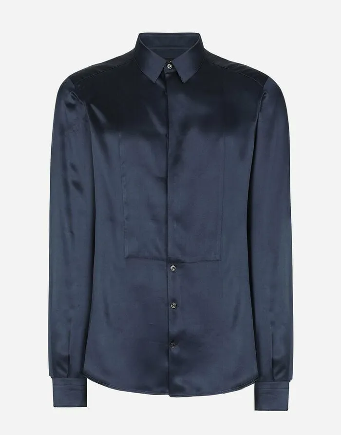 Dolce and Gabbana Shirts Men Silk Satin Goldfit Shirt Blue