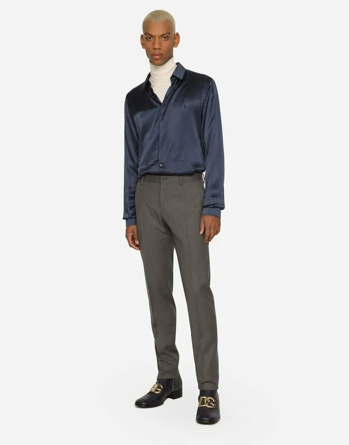 Dolce and Gabbana Shirts Men Silk Satin Goldfit Shirt Blue Dolce and Gabbana Shirts Men Silk Satin Goldfit Shirt Blue