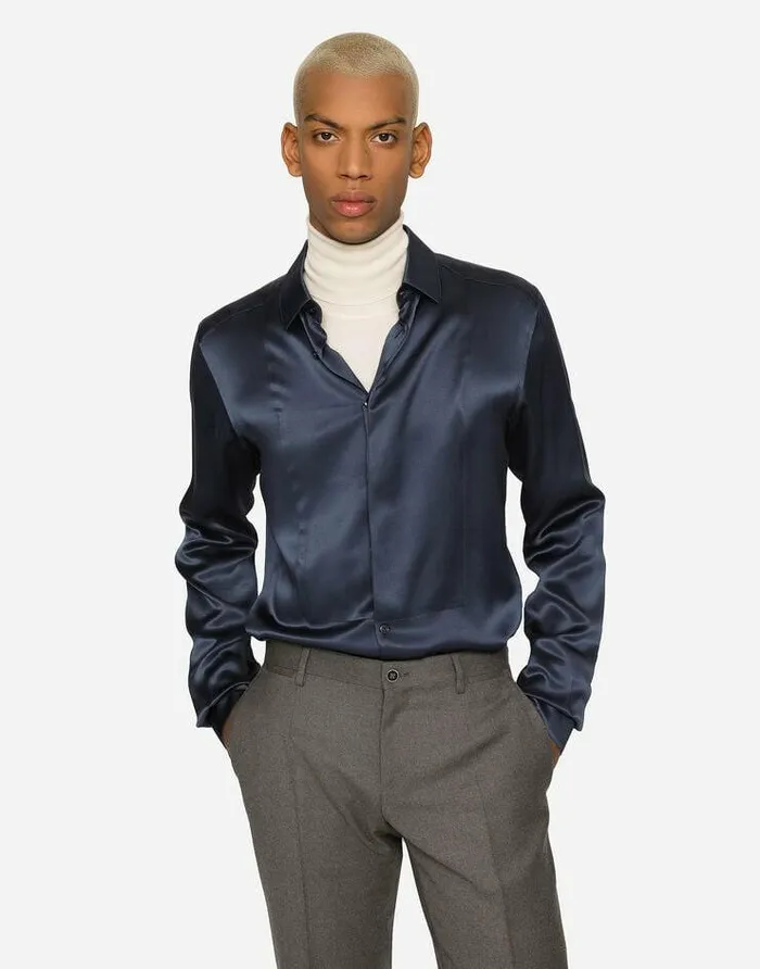 Dolce and Gabbana Shirts Men Silk Satin Goldfit Shirt Blue Dolce and Gabbana Shirts Men Silk Satin Goldfit Shirt Blue