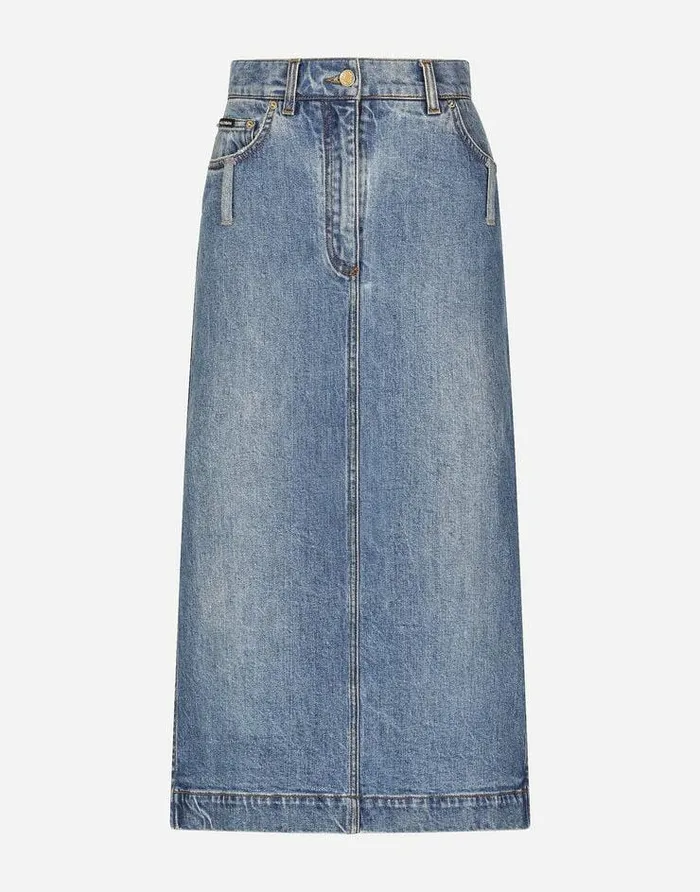 Dolce and Gabbana Skirts Women Denim Calflength Skirt With Logo Tag Multicolor Dolce and Gabbana Skirts Women Denim Calflength Skirt With Logo Tag Multicolor