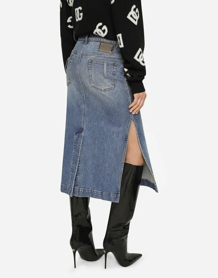 Dolce and Gabbana Skirts Women Denim Calflength Skirt With Logo Tag Multicolor Dolce and Gabbana Skirts Women Denim Calflength Skirt With Logo Tag Multicolor