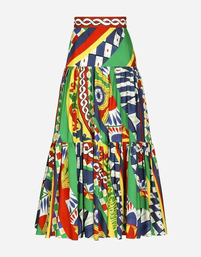 Dolce and Gabbana Skirts Women Long Carrettoprint Poplin Skirt With Ruffles Multicolor Dolce and Gabbana Skirts Women Long Carrettoprint Poplin Skirt With Ruffles Multicolor