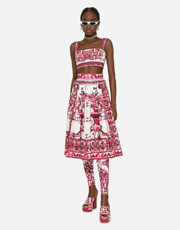 Dolce and Gabbana Skirts Women Poplin Midi Skirt With Majolica Print Multicolor