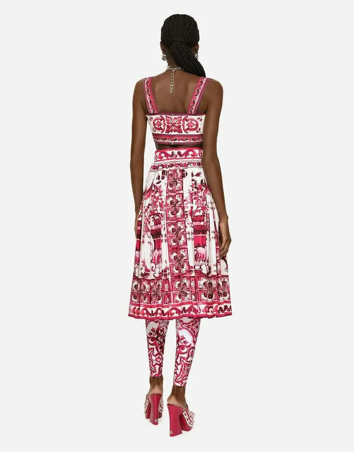 Dolce and Gabbana Skirts Women Poplin Midi Skirt With Majolica Print Multicolor