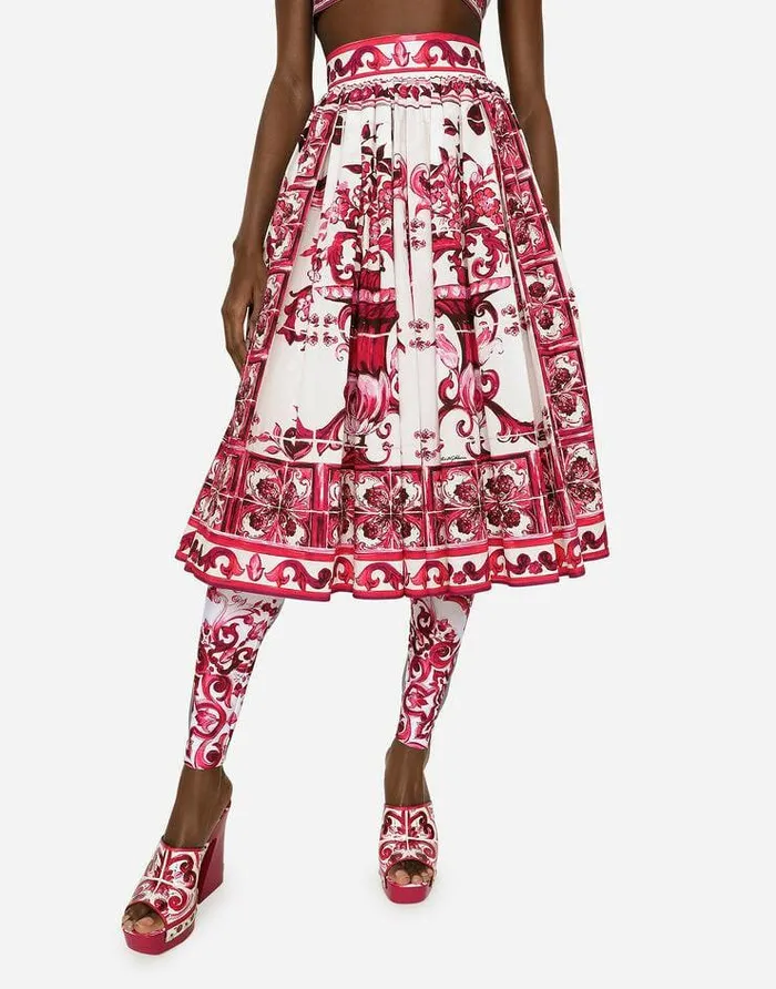 Dolce and Gabbana Skirts Women Poplin Midi Skirt With Majolica Print Multicolor