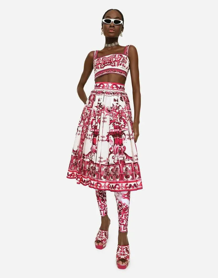 Dolce and Gabbana Skirts Women Poplin Midi Skirt With Majolica Print Multicolor