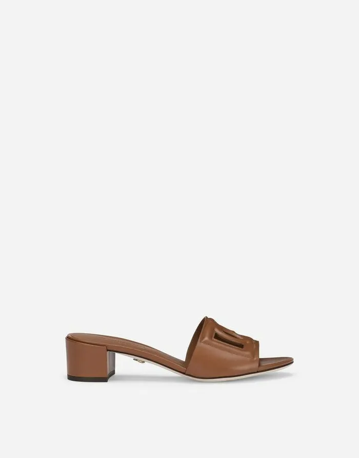 Dolce and Gabbana Slides And Mules Women Calfskin Sliders With DG Logo Brown