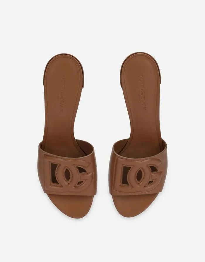 Dolce and Gabbana Slides And Mules Women Calfskin Sliders With DG Logo Brown Dolce and Gabbana Slides And Mules Women Calfskin Sliders With DG Logo Brown