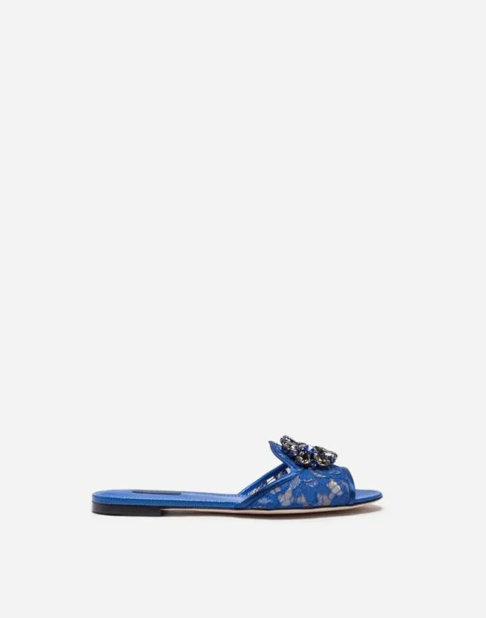 Dolce and Gabbana Slides And Mules Women Slippers In Lace With Crystals Blue
