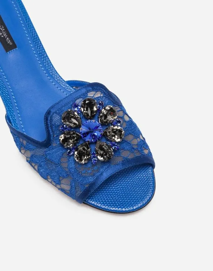 Dolce and Gabbana Slides And Mules Women Slippers In Lace With Crystals Blue Dolce and Gabbana Slides And Mules Women Slippers In Lace With Crystals Blue