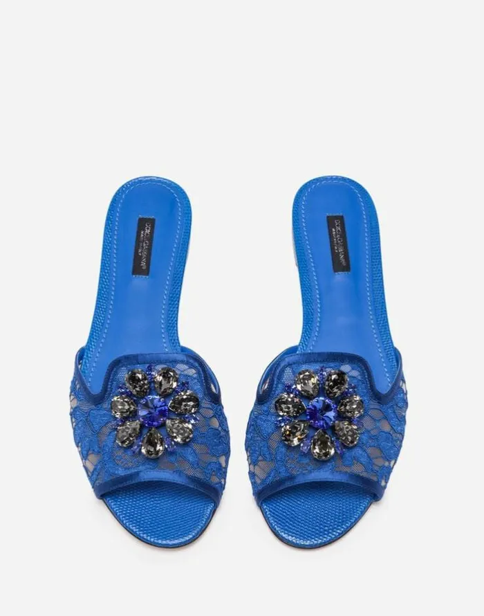 Dolce and Gabbana Slides And Mules Women Slippers In Lace With Crystals Blue Dolce and Gabbana Slides And Mules Women Slippers In Lace With Crystals Blue