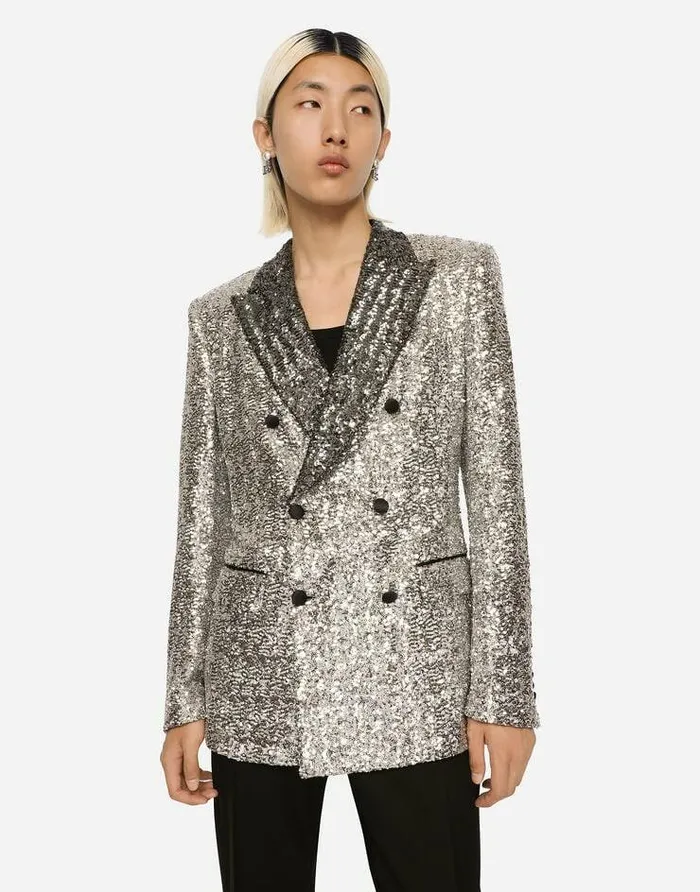 Dolce and Gabbana Suits And Blazers Men Doublebreasted Sequined Siciliafit Jacket Silver Dolce and Gabbana Suits And Blazers Men Doublebreasted Sequined Siciliafit Jacket Silver