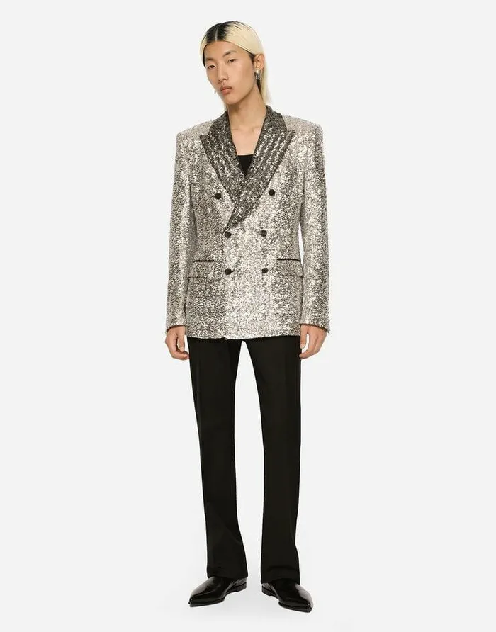 Dolce and Gabbana Suits And Blazers Men Doublebreasted Sequined Siciliafit Jacket Silver Dolce and Gabbana Suits And Blazers Men Doublebreasted Sequined Siciliafit Jacket Silver