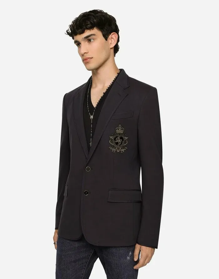 Dolce and Gabbana Suits And Blazers Men Jersey Jacket With Patch Blue Dolce and Gabbana Suits And Blazers Men Jersey Jacket With Patch Blue